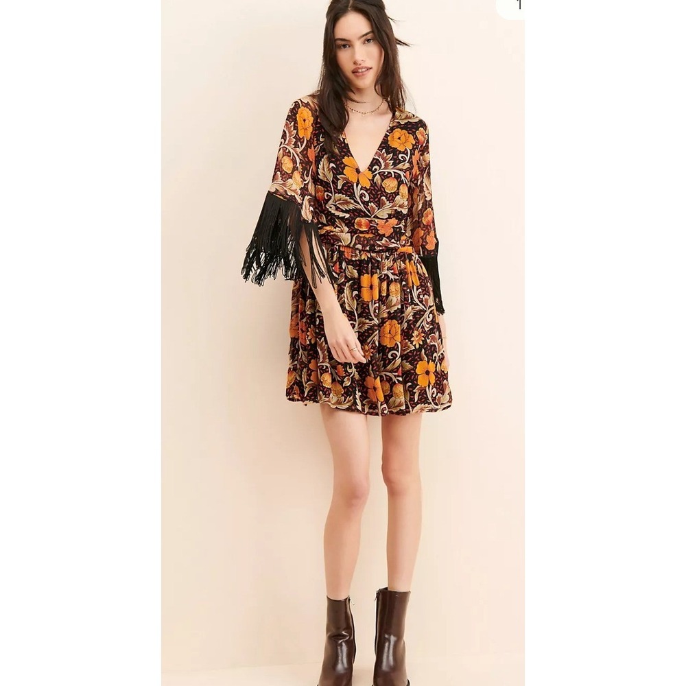 Veda Pallavi Sweenee Floral Fringe Mini Dress Black Orange Long Sleeve Small